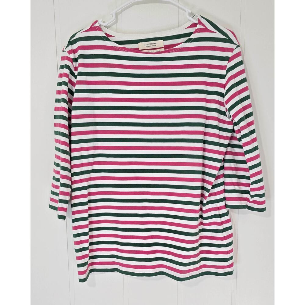 Seasalt Cornwall Sailor Top Stripe Pink Green 3/4 Sleeve Organic Cotton Size 10